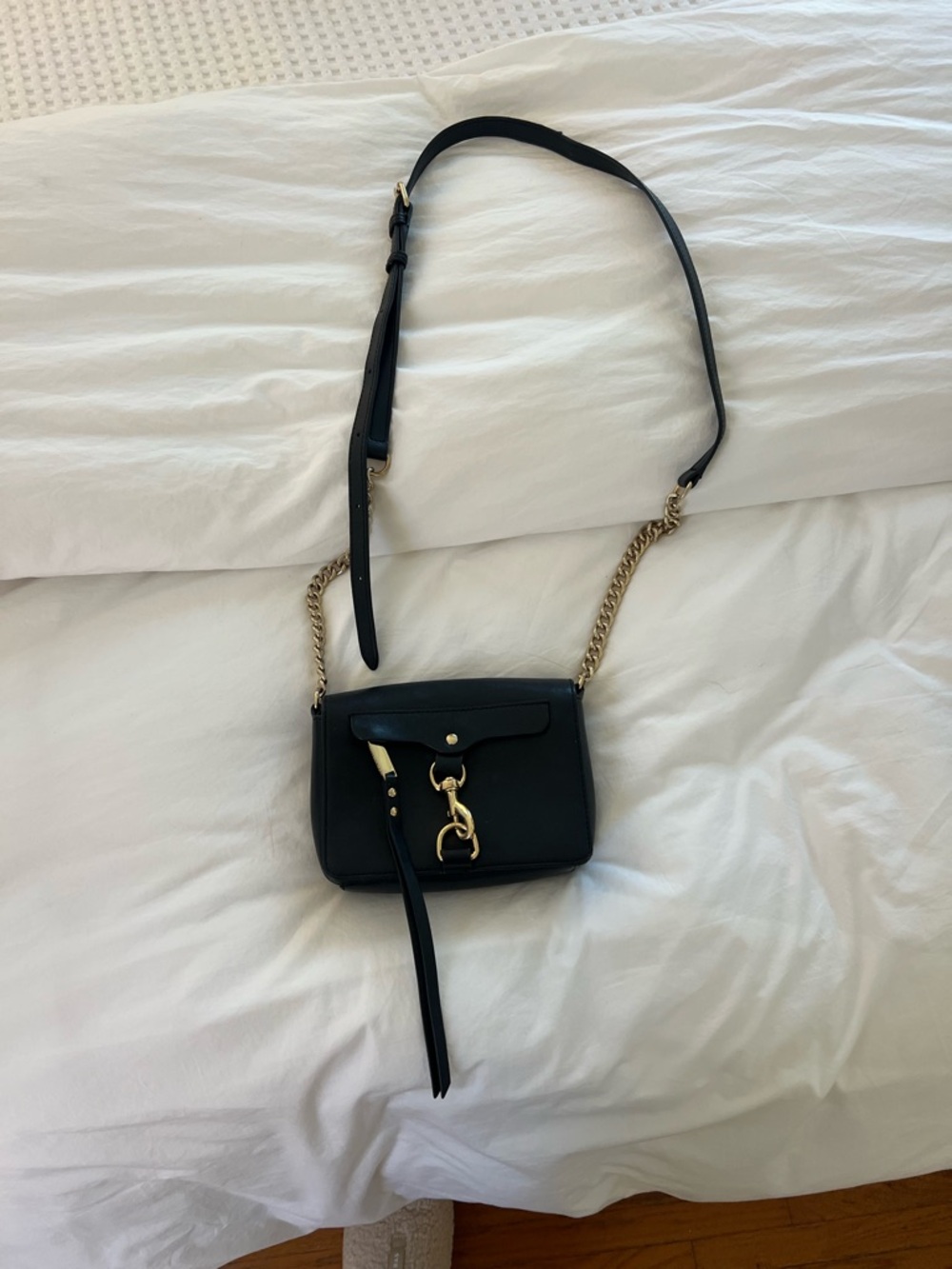 Rebecca Minkoff Black Leather Mini Crossbody with Gold Chain